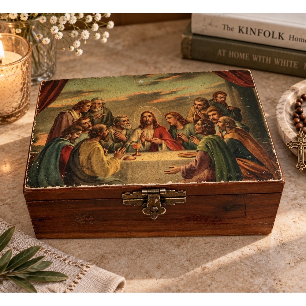 Vintage Wood The Last Supper Keepsake Trinket Jewelry Box Religious Jesus Christ